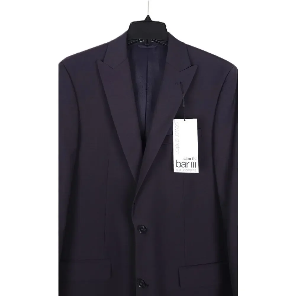 Bar III Mens Slim Fit 2 Piece Suit 40L 33x30 Purple Dark Burgundy Wool Stretch